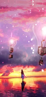 A girl walks under pink sky with floating lightbulbs.