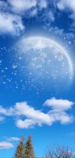 Dreamy celestial wallpaper with moon and blue sky.