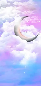 Dreamy sky with crescent moon, clouds, and birds.