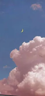 Pink clouds and crescent moon in a blue sky.