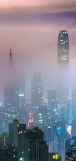 A misty cityscape with glowing lights and a dreamy purple hue.