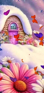 Whimsical snow-covered cottage with colorful butterflies and vibrant flowers.