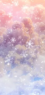 Dreamy wallpaper with clouds and snowflakes in pastel colors.