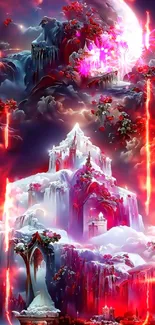 Fantasy castle amidst snowy dreamscape with crimson hues.