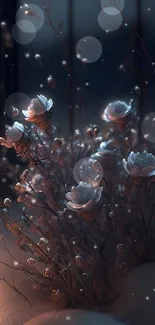 Dreamy snowy night scene with glowing lantern and flowers.