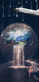 Fantasy space scene with waterfall and stars.