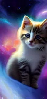 Cute kitten in a vibrant cosmic setting with swirling colors.