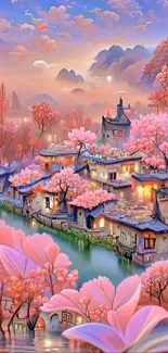 Dreamy village with pink cherry blossoms and pastel skies.