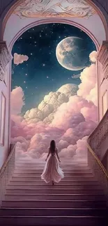 A woman in a gown ascends pink stairs to a night sky with moon and stars.