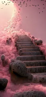 Surreal stone stairs leading into pink clouds with birds overhead.