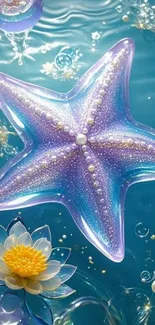 Glittering starfish with ocean flowers in aqua blue tones.