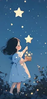 Girl reaching for stars under a dark blue sky.