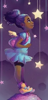 Girl with wings among stars in a purple night sky.