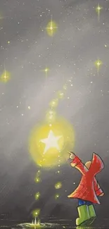 Child reaching towards stars under a whimsical night sky with yellow glow.