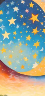 Colorful starry night sky with whimsical celestial elements.