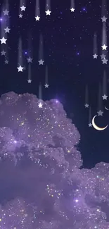 Dreamy nighttime sky with stars, clouds, and crescent moon in purple hues.