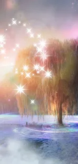 Mystical starry night tree with glowing lights and a dreamy landscape.