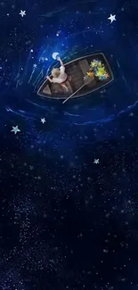 Boat under starry night sky in serene ocean.