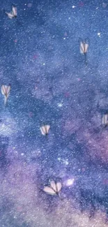 Galaxy wallpaper with butterflies floating across a starry night sky background.