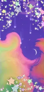 Whimsical stars and crescent moon in colorful night sky wallpaper.