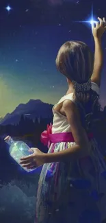 Girl reaching for stars under a dreamy night sky.