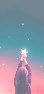 Girl reaching for stars in a dreamy pink and blue sky wallpaper.