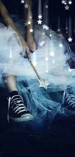 Dreamy wallpaper with starry wand and tutu sneakers for mobile.