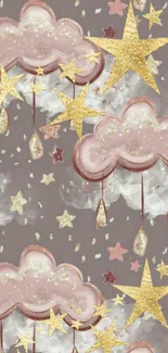 Whimsical clouds and golden stars wallpaper with pink and misty hues.