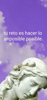 Dreamy statue against a purple sky with an inspirational quote.