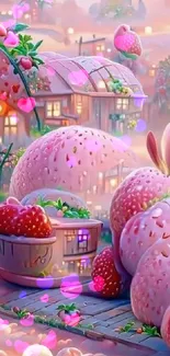 Fantasy landscape with giant pink strawberries and cozy houses.