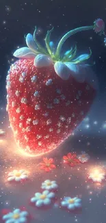 Dreamy glowing strawberry with sparkles and flowers on a fantasy wallpaper.