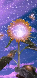 A sunflower glowing with moonlight and bees in a mystical purple sky wallpaper.