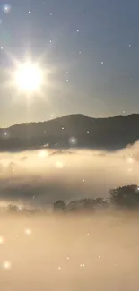 Radiant sunrise over misty mountains with morning stars.