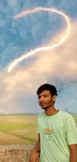 A man standing under a sky with a lightning bolt art at sunset.