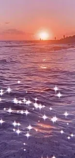 Dreamy sunset with sparkling ocean waves on a beach.