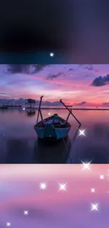 Dreamy sunset boat with purple sky and twinkling stars wallpaper.