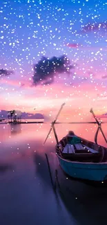 Serene boat on a vibrant pastel sunset lake with dreamy sky.