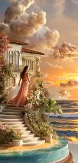 A woman in a flowing dress ascending stairs by a beach house at sunset.