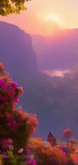 Fantasy landscape with a vibrant sunset over mountains and colorful flowers.