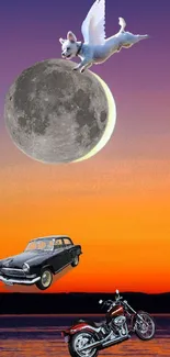 Fantasy wallpaper with winged dog, car, and motorcycle on sunset and moon.