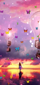 A fantasy sunset wallpaper with butterflies and light bulbs over a reflective water surface.