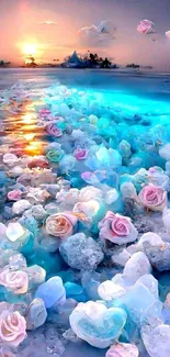 Dreamy sunset beach with pastel flowers and ocean waves.