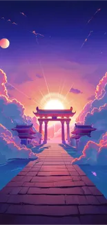 Mystical sunset temple with vibrant clouds and pathway.