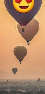 Hot air balloons at sunset with heart eyes emoji.