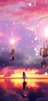 Surreal sunset wallpaper with floating light bulbs over reflective water.