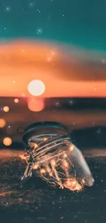 Dreamy sunset with a glowing glass jar.