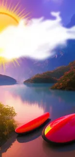 Dreamy sunset lake with pink boats.