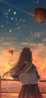 Anime girl watching lanterns float during sunset.