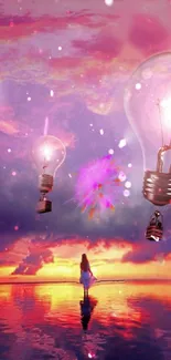 Surreal wallpaper with floating lightbulbs against a purple sunset sky.