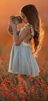 A young girl gently holds a rabbit at sunset in a field of red flowers.